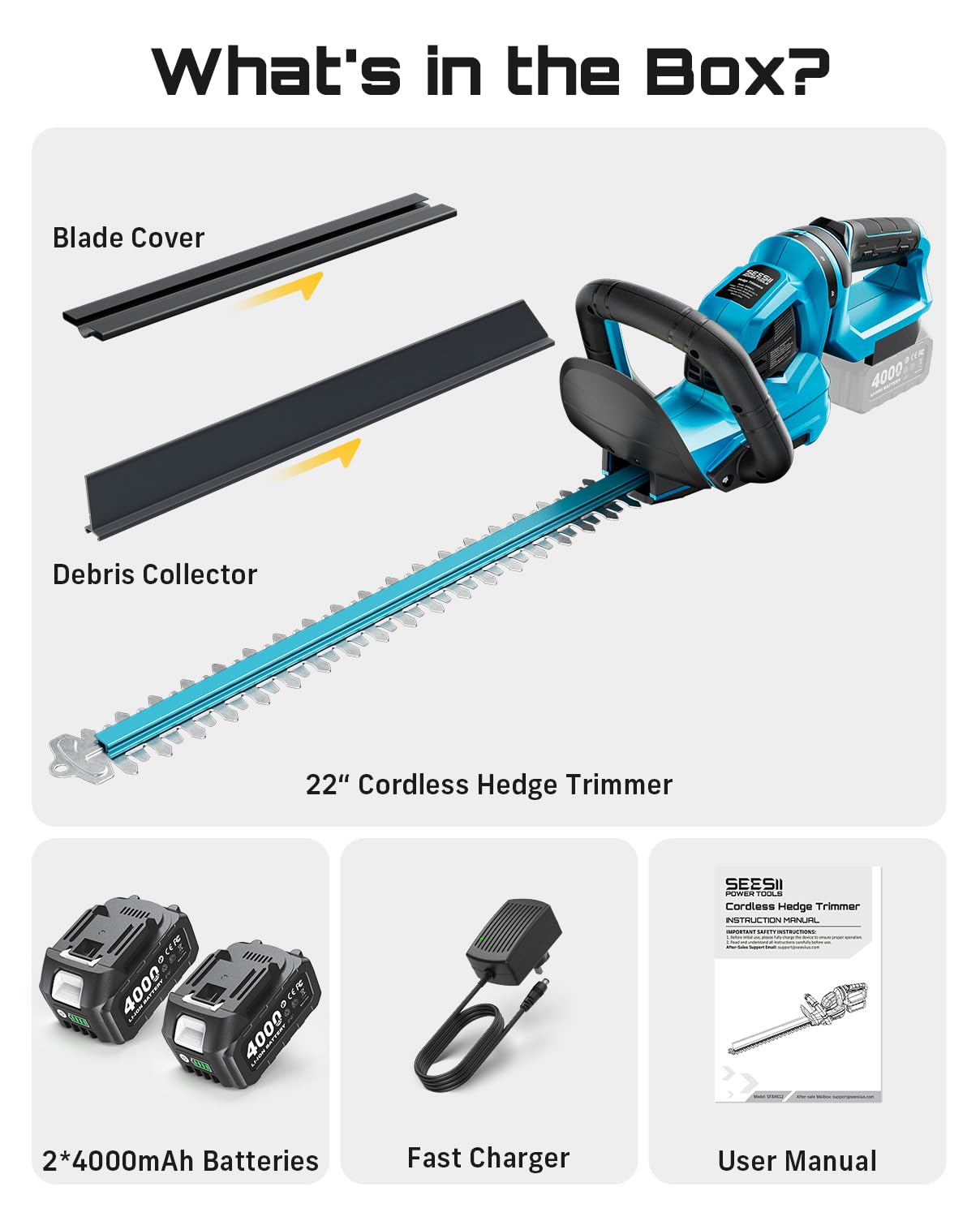 SEESII 22" Hedge Trimmer Cordless, 20V Electric Bush Trimmer with 2 Pcs 4000mAh Batteries & Charger, 180°Rotatable Handle, 3/4" Blade Gap, Debris Collector, Handheld Power Shrub Trimmers for Yard