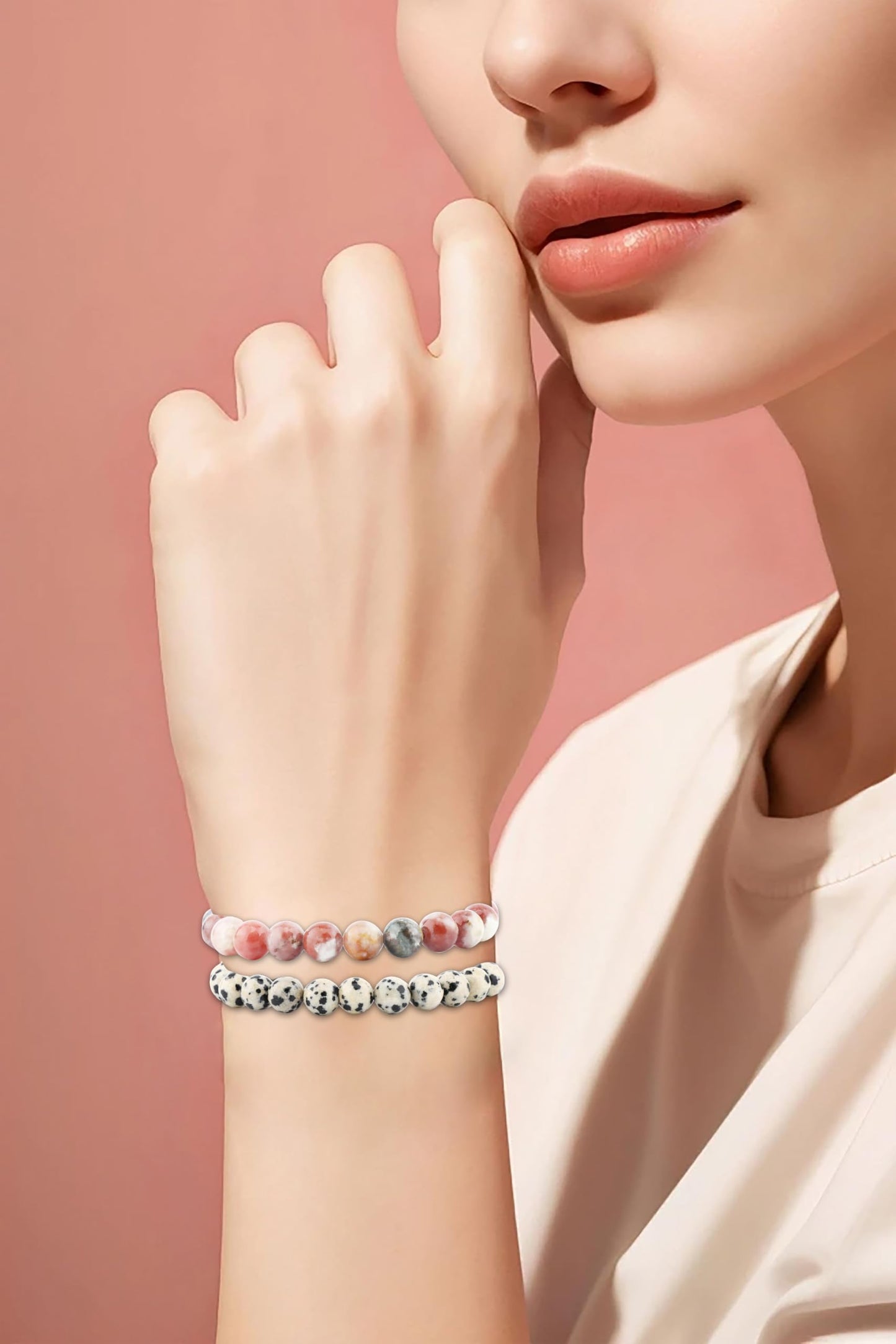 NCB 2-Piece 8mm Natural Crystal Gemstone Stretch Bracelets – Dalmation Jasper, Red Plum Blossom Stone Handmade Reiki Energy Healing Jewelry for Meditation,Yoga, Unisex