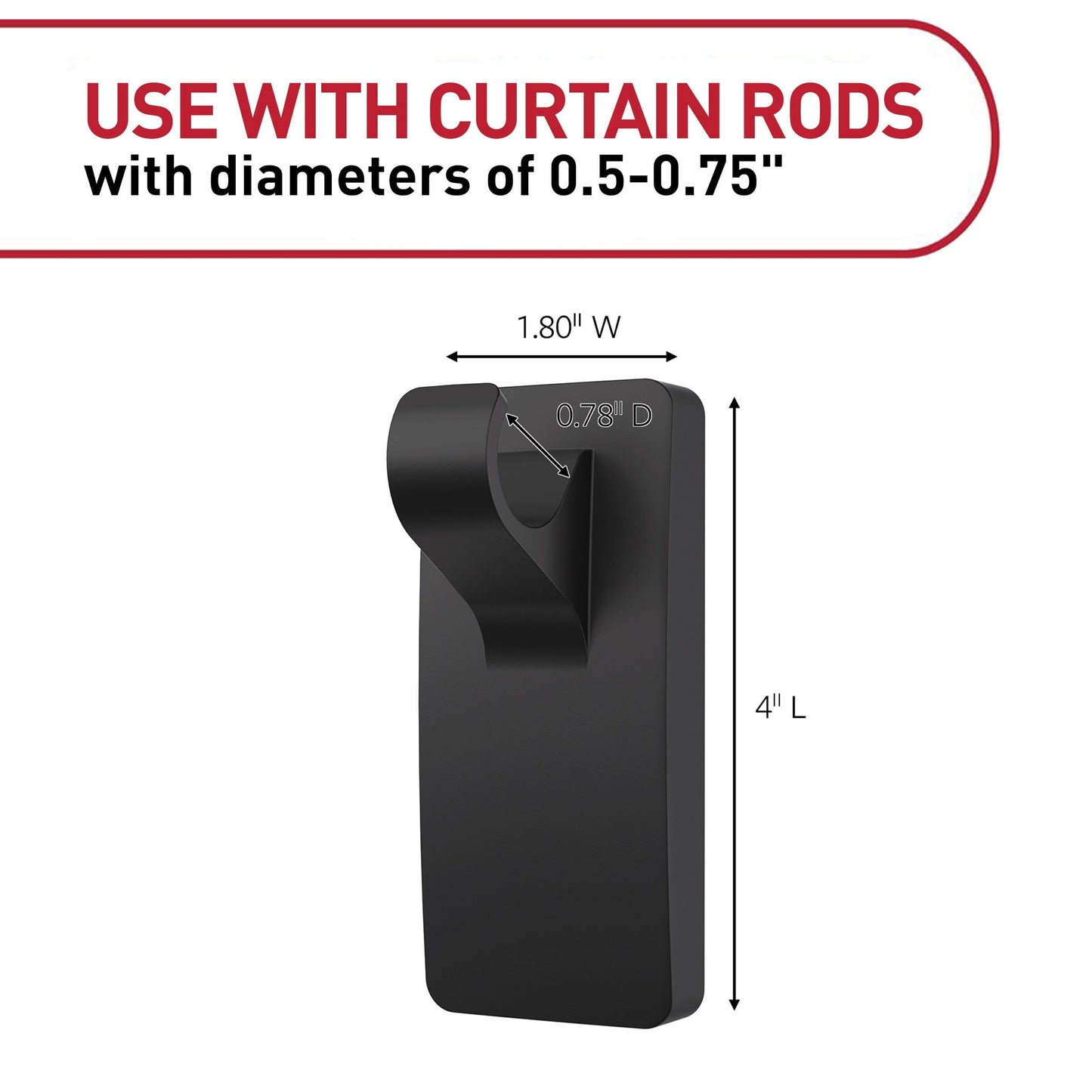 Command 10 lb Matte Black Curtain Rod Hooks, 2 Hooks and 4 Strips, No Drilling Home Decor and Room Decor, Use with Rod Diameters 0.5-0.75"