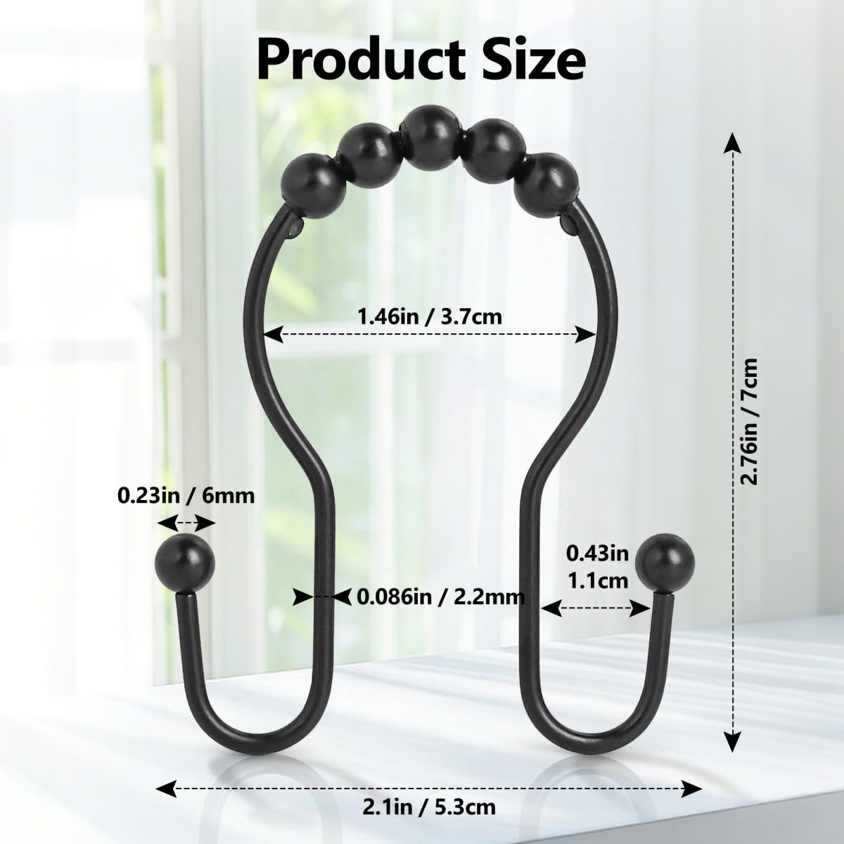 Resze Shower Curtain Hooks, Sturdy Metal Black Shower Curtain Rings, Glide Roller Double Shower Hooks, Rust Proof Anti-Drop Curtain Hooks, 12 Pcs Smooth Sliding Rings for Bathroom Shower Rods Curtains
