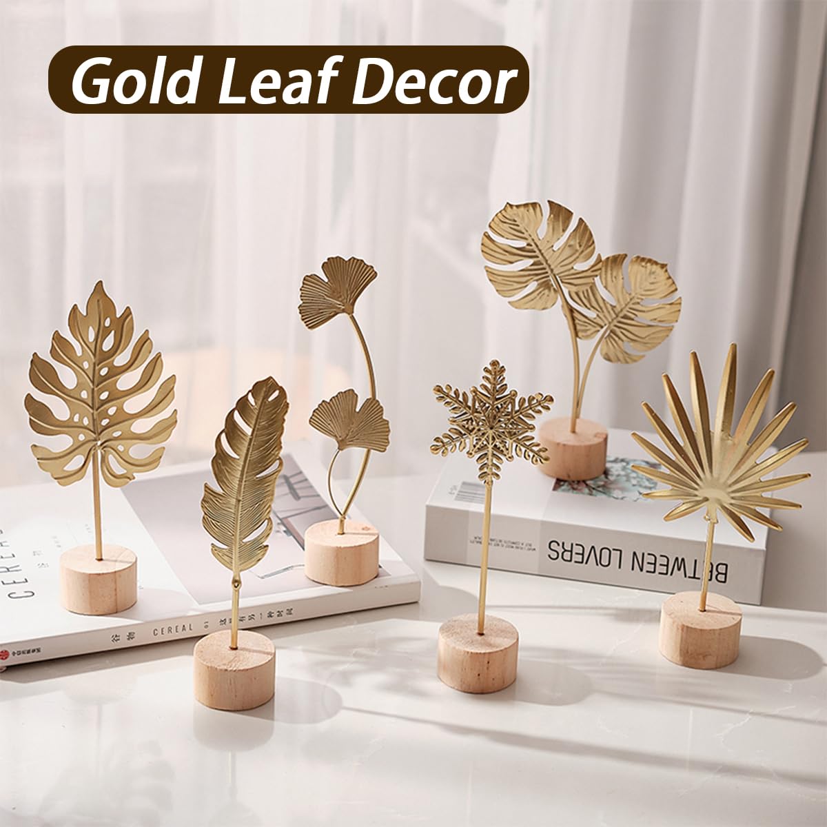Uimoky Gold Leaf Home Decor Set - Metal Leaves Statues, Modern Artistic Sculptures for Living Room, Office, Shelf & Home Decorative, Handmade 3D Botanical Accents (Monstera, Feather, Ginkgo, 3PCS)