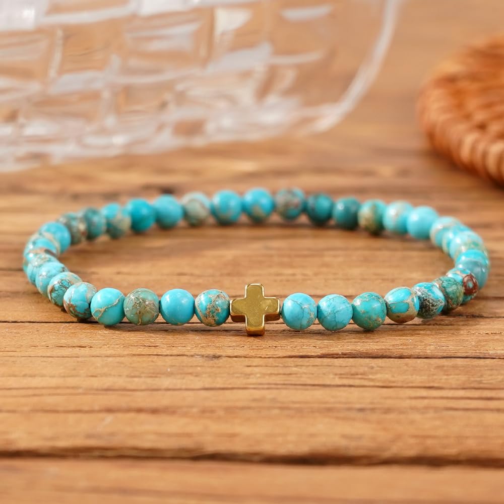 SHINUS BOHO Dainty Cross Healing Crystal Beaded Stretch Bracelet for Women,Handmade Bohemian Powful Turquoise Stones Claming Bracelet Trendy Birthday Christian Catholic Jewelry Gift Sister Friendship