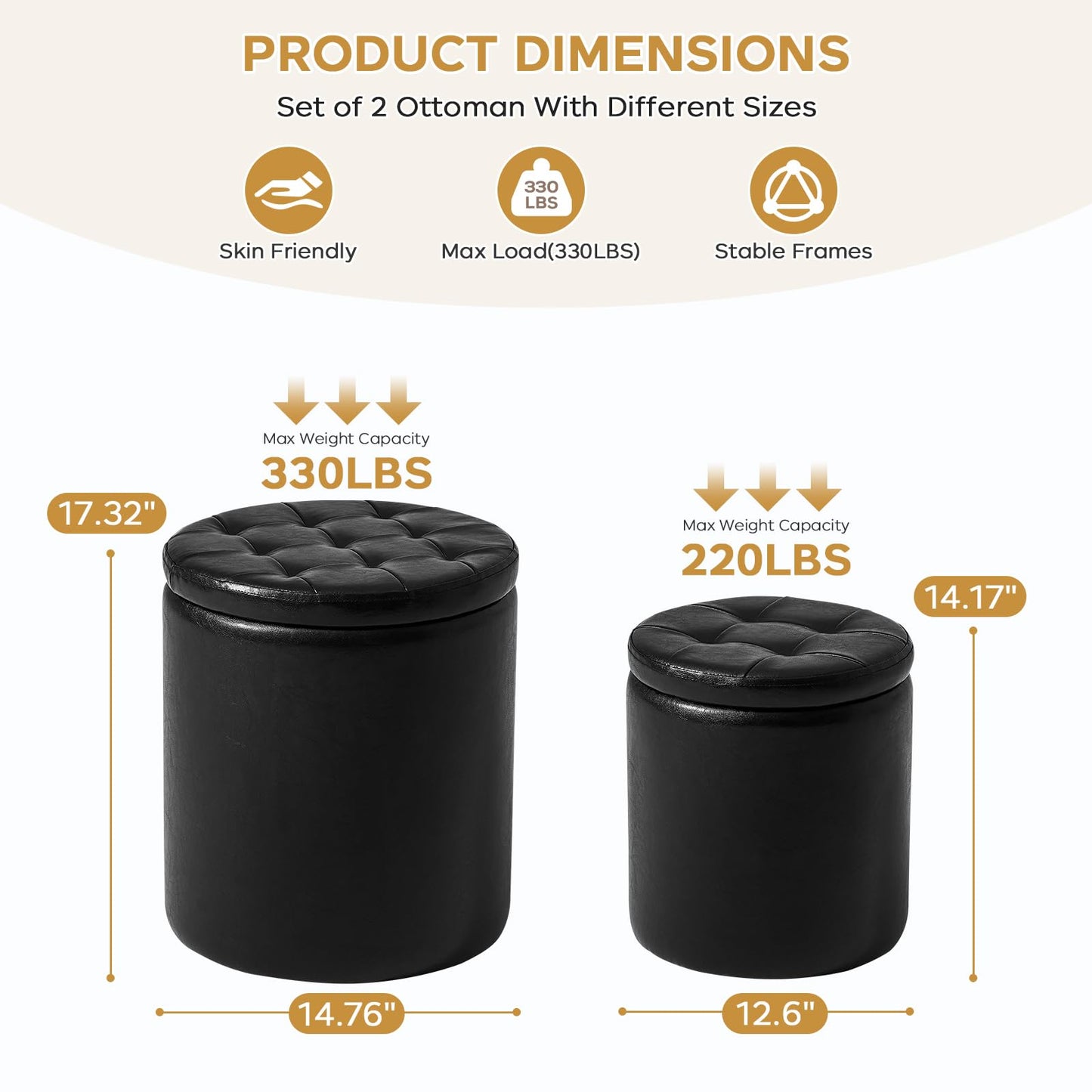 oakvivo Round Ottoman with Storage Set of 2, 12.6" W x 14.17" H & 14.76" W x 17.32" H Faux Footstool Storage Ottomans for Bedroom, Living Room Padded Coffee Table Ottomen, Black