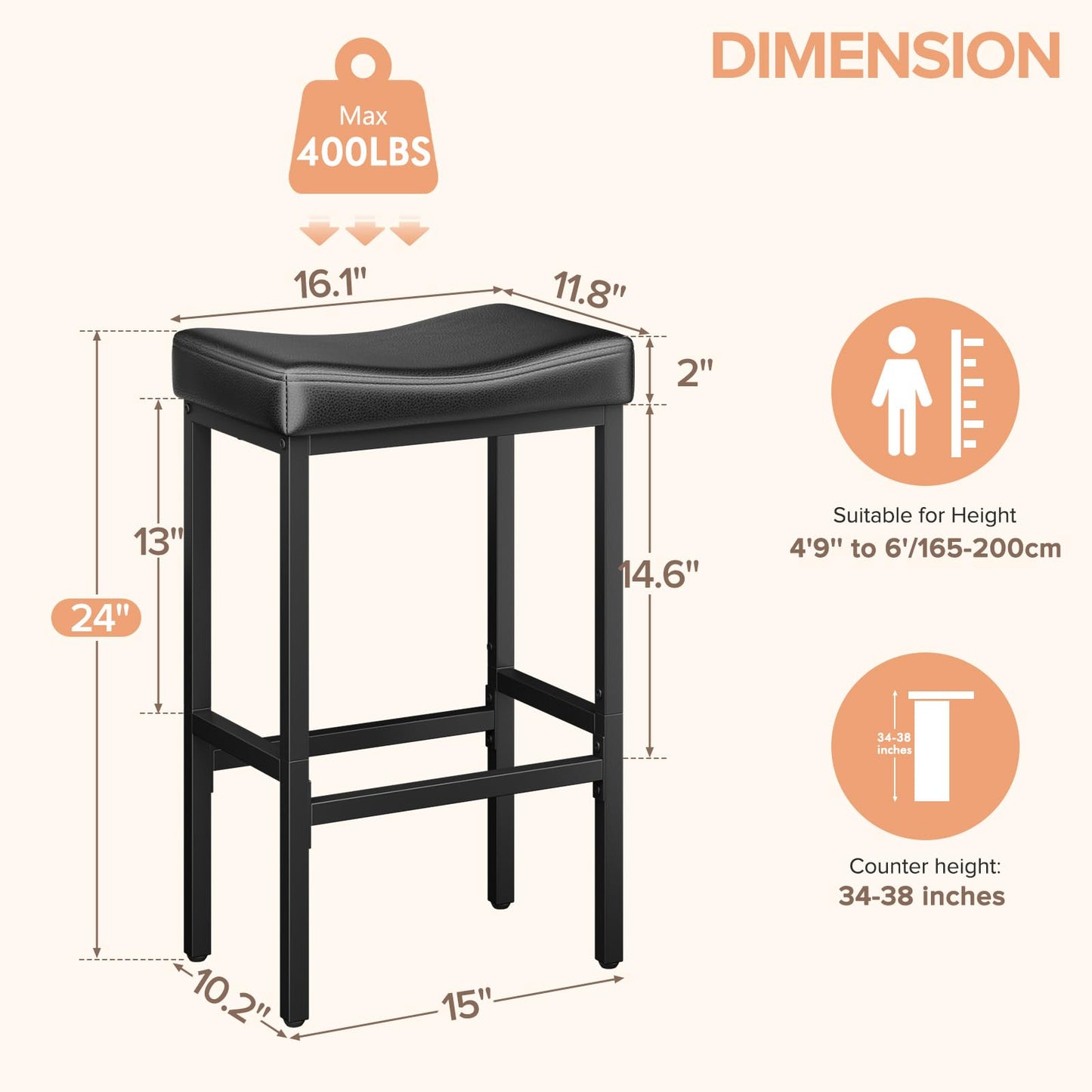 Vellorise 24 Inch Counter Height Bar Stools Set of 2, Compact Counter Stools for Small Spaces, Premium Faux Leather Barstools with Right-Sized Saddle Seat & Metal Legs, 15-Minute Easy Assembly, Black