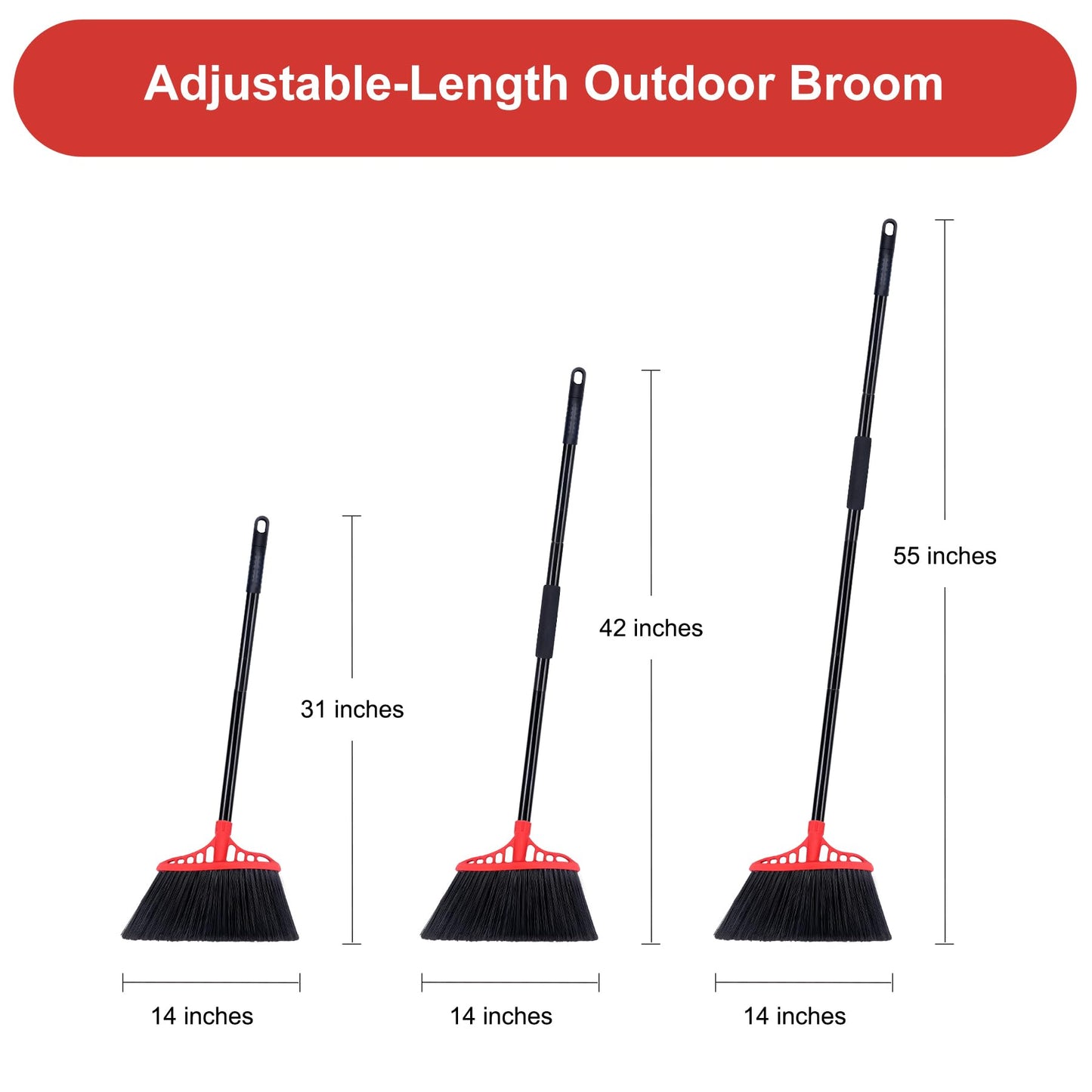 Tiumso Heavy Duty Angle Broom - 55" Adjustable Iron Handle with Stiff Bristles - Commercial-Grade Indoor/Outdoor Broom for Garage, Patio, Kitchen, Sidewalk & Concrete Cleaning (Black & Red)