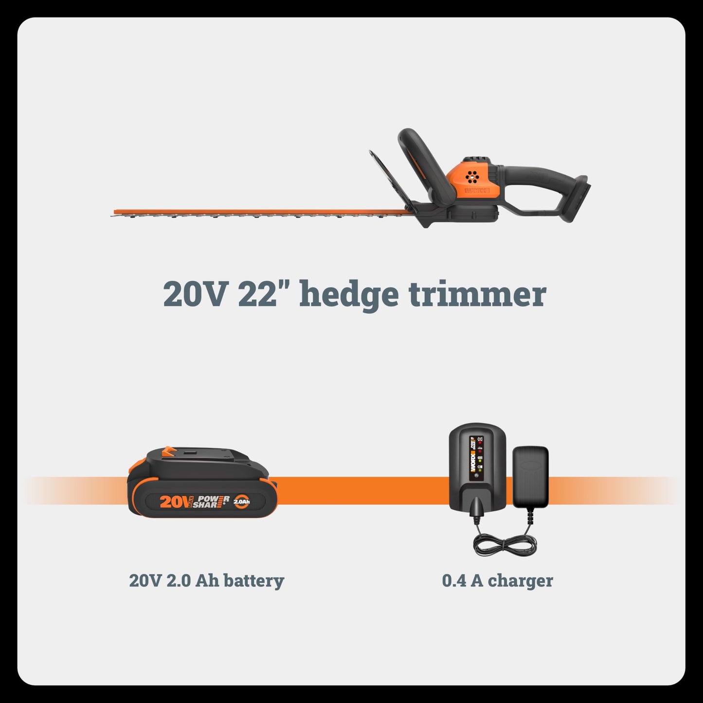 WORX 22" Cordless Hedge Trimmer, Electric Hedge Trimmer with Dual-Action Blades, Lightweight Bush Trimmer with 4.4 LBS, Battery & Charger Not Included, WG261.9