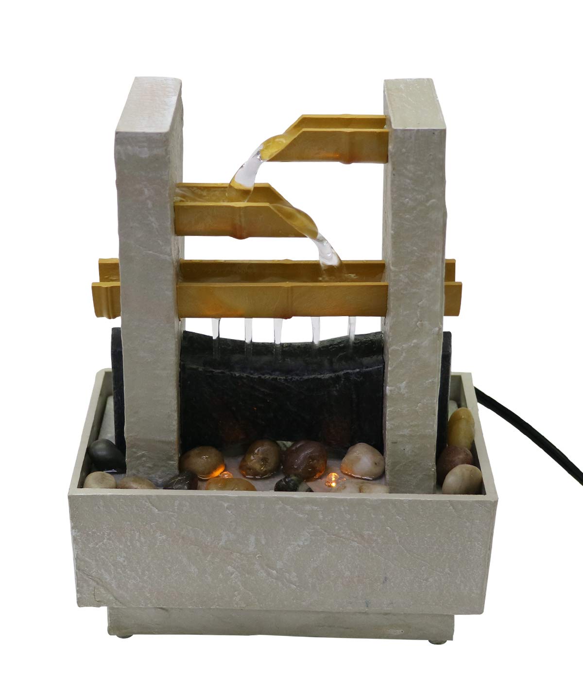 Nature's Mark 8" H Cascading Bamboo Tabletop Water Fountain with Natural River Rocks and LED Lights (Power Cord Attached)