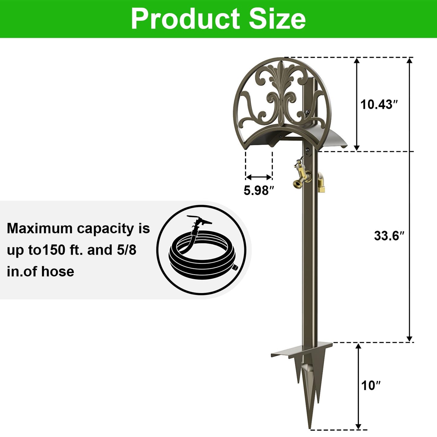GOFORWILD Garden Hose Stand with Brass Faucet, Detachable Heavy Duty Water Hose Holder, Freestanding Metal Hose Reel Decorative Storage Hanger Holds 150-Feet Hose for Outside Patio Lawn Yard