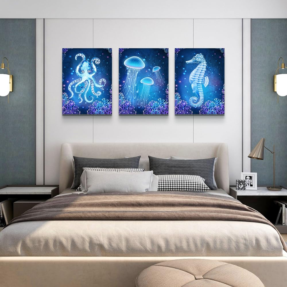 DZRWUBHS Wall Art Paintings For Bedroom Living Room Wall Decor Blue Ocean Life Theme Art Prints Wall Artworks Sea Animal Sea Horse Octopus Jellyfish Pictures Bathroom Home Decor Posters 3 Panels