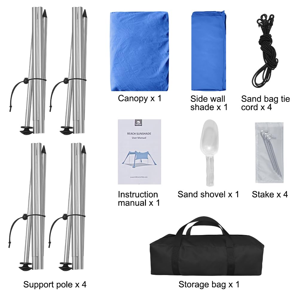 Beach Canopy Tent Shade with Sidewalls 10x10FT, 6.6FT Tall, UPF50+ Sun Shelter, Windproof & Water Resistant, Includes Guylines Sand Shovel Stability Poles, Easy Up for Beach Outdoor Camping Backyard