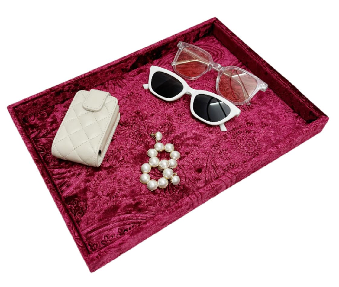 AgentMoon 2 Pieces Set Decorative Jewelry Tray,Makeup Removed Tray or Storage Tray for Eyeglasses Phone Watch Bracelet Earring.Special Velour Lining Fully Wrapped. (2PCS) (Embossed Red)