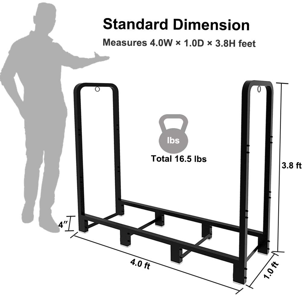 Artibear 4ft Outdoor Firewood Rack, Upgraded Adjustable Heavy Duty Logs Stand Stacker Holder for Fireplace - Metal Lumber Storage Carrier Organizer, Bright Black