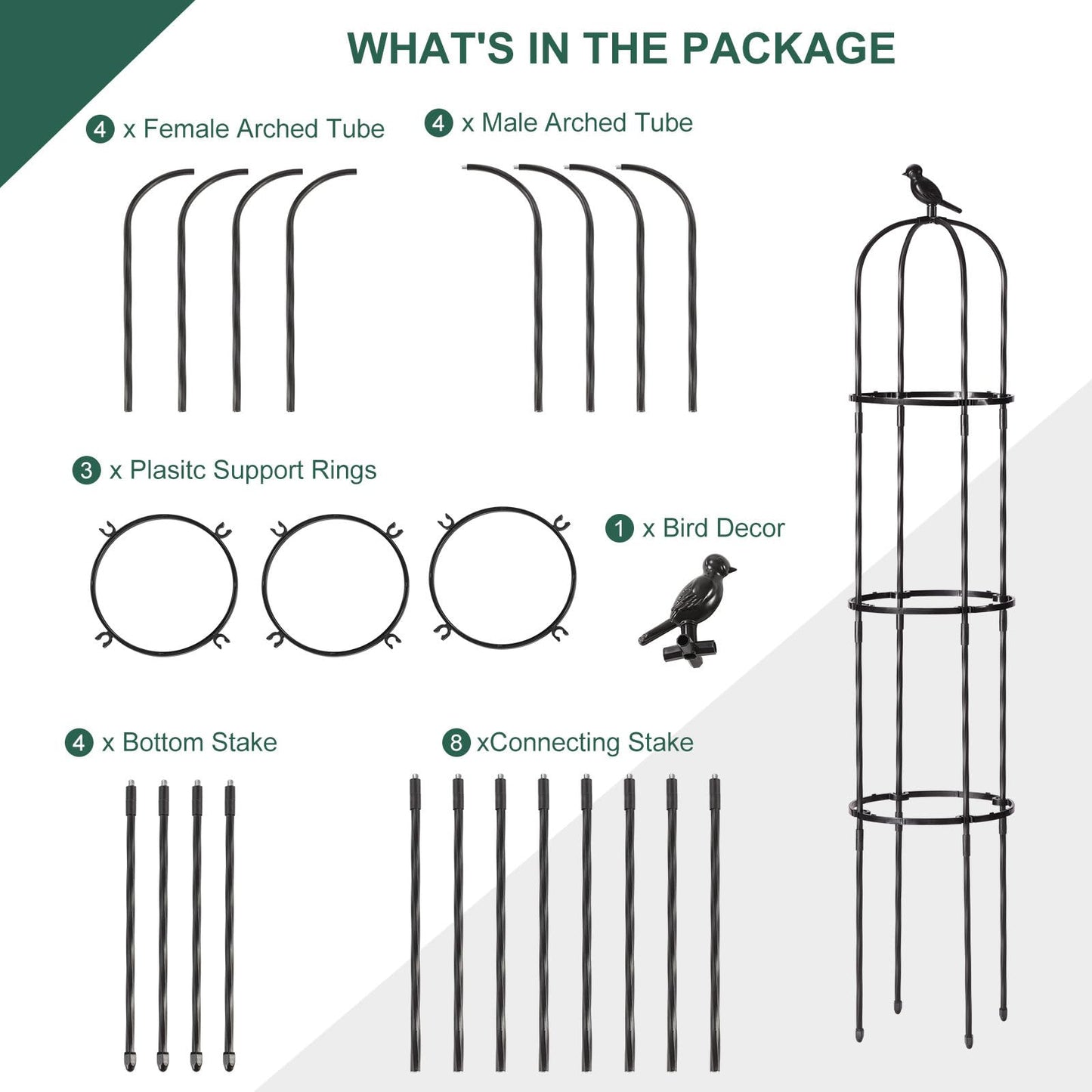 FOLLOOK Garden Trellis Obelisk for Climbing Plants, Lightweight Metal Plant Support for Roses Clematis Vines, Rustproof Decorative Trellis for Outdoor Garden Patio Planter, Black, 2 Pack