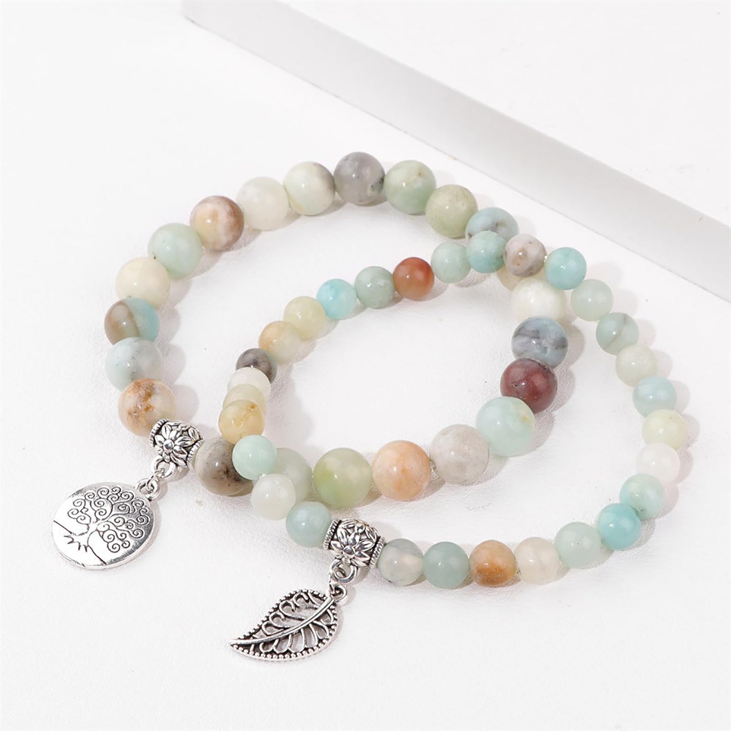Rose Quartz Bracelets for Women Pink Quartz Natural Stone Crystal Bracelet Gemstone Beaded Bracelet Boho Tree of Life and Leaf Charm Bracelet Rose Quartz Jewelry for Women