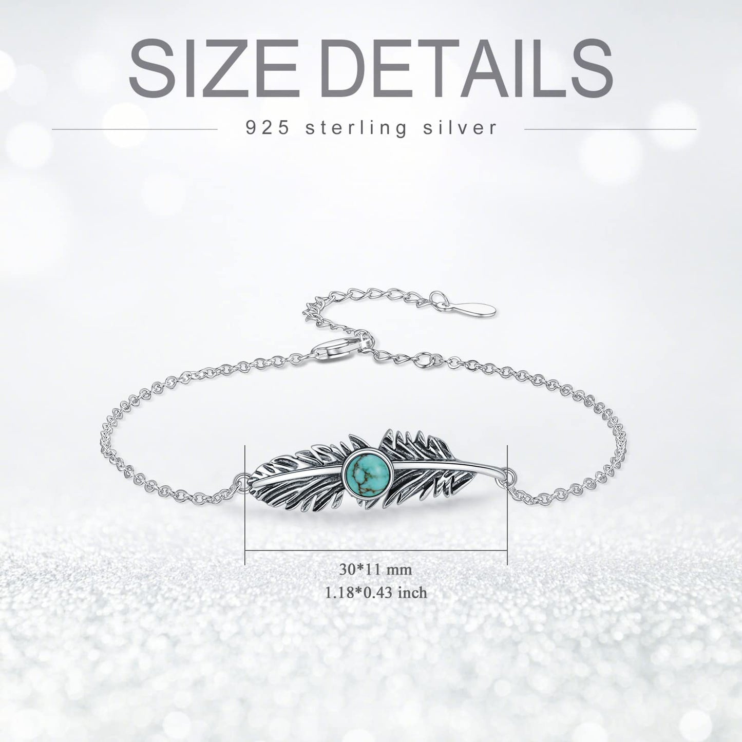 BETHZA Feather Turquoise Bracelet for Women Sterling Silver Genuine Turquoise Gemstone Link Adjustable Bracelet Navajo Jewelry Gift for Birthday Mothers Day (7+2")