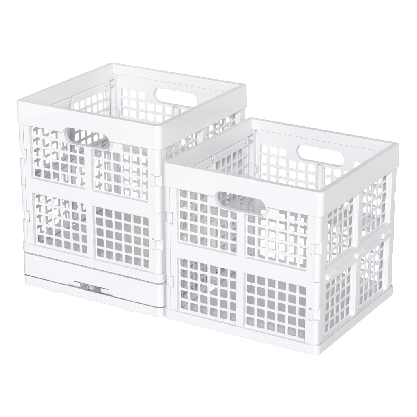Sadstory 18 L Plastic Square Folding Storage Crate, Stackable Collapsible Crates, White, 3 Pack