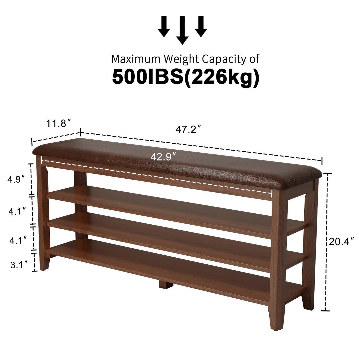 AQIMUELE Shoe Bench with Leather Cushion, 3 Tiers Shoe Storage Bench Height Adjustable, Walnut Wood Entryway Bench for Hallway, Mudroom