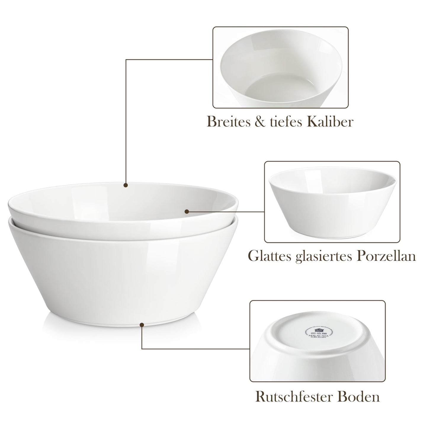 MALACASA Serving Bowls, 105 OZ Large Salad Bowls Set of 2, Porcelain White Bowls for Kitchen, Deep Bowls for Salad, Soup, Pho and Fruit, Ceramic Serving Bowls for Party, Microwave Safe, Series Regular