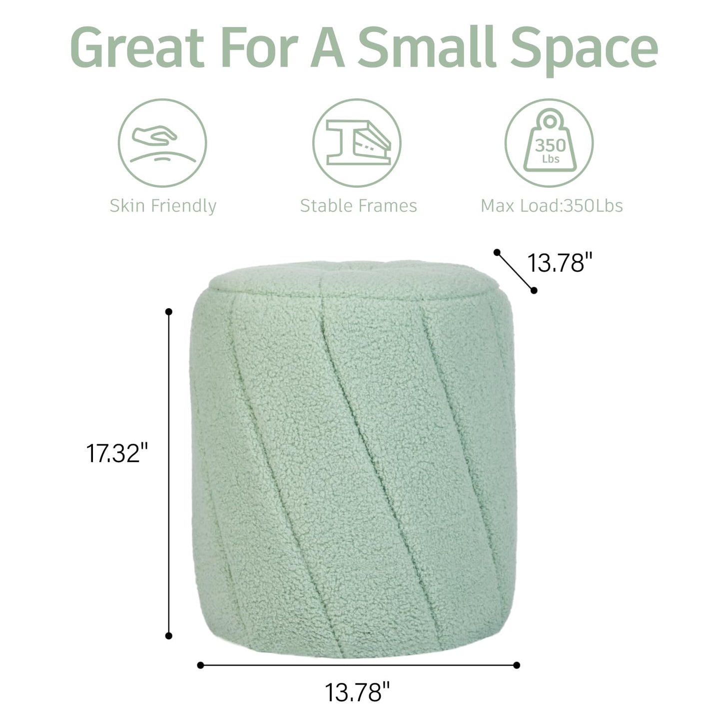 YDcosyfy Modern Round Ottoman, Spiral-Tufted Foot Stool Ottoman, Teddy Fleece Upholstered Vanity Stool for Makeup, Bedroom, Living Room, Light Green