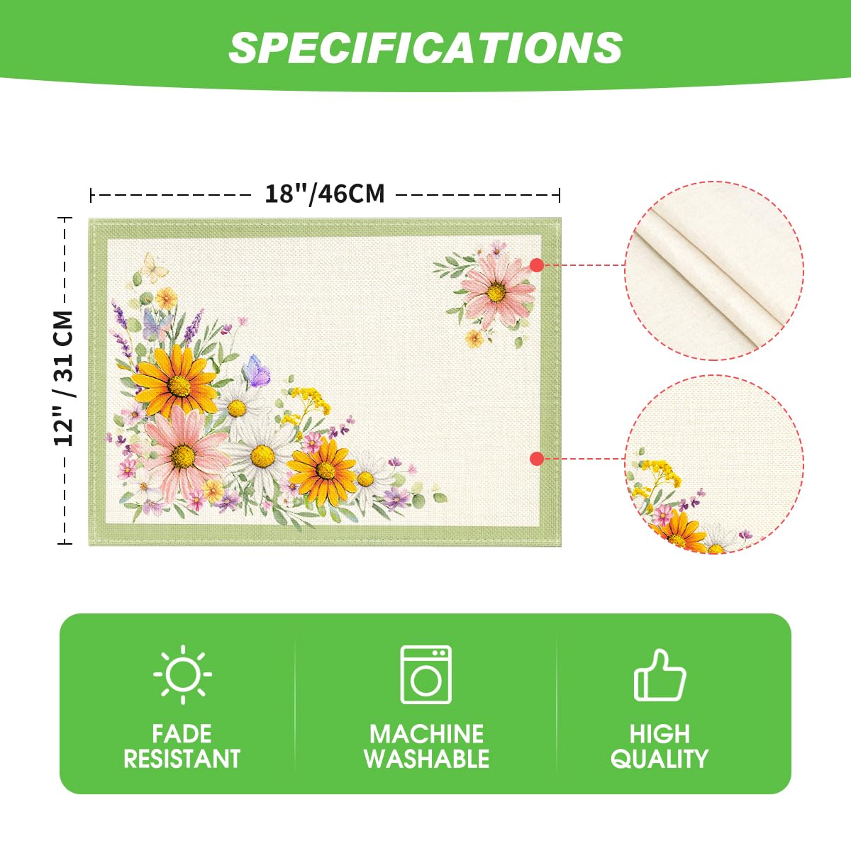 Artoid Mode Green Sunflowers Butterfly Spring Placemats Set of 4, 12x18 Inch Seasonal Summer Holiday Table Mats for Party Kitchen Dining Decoration
