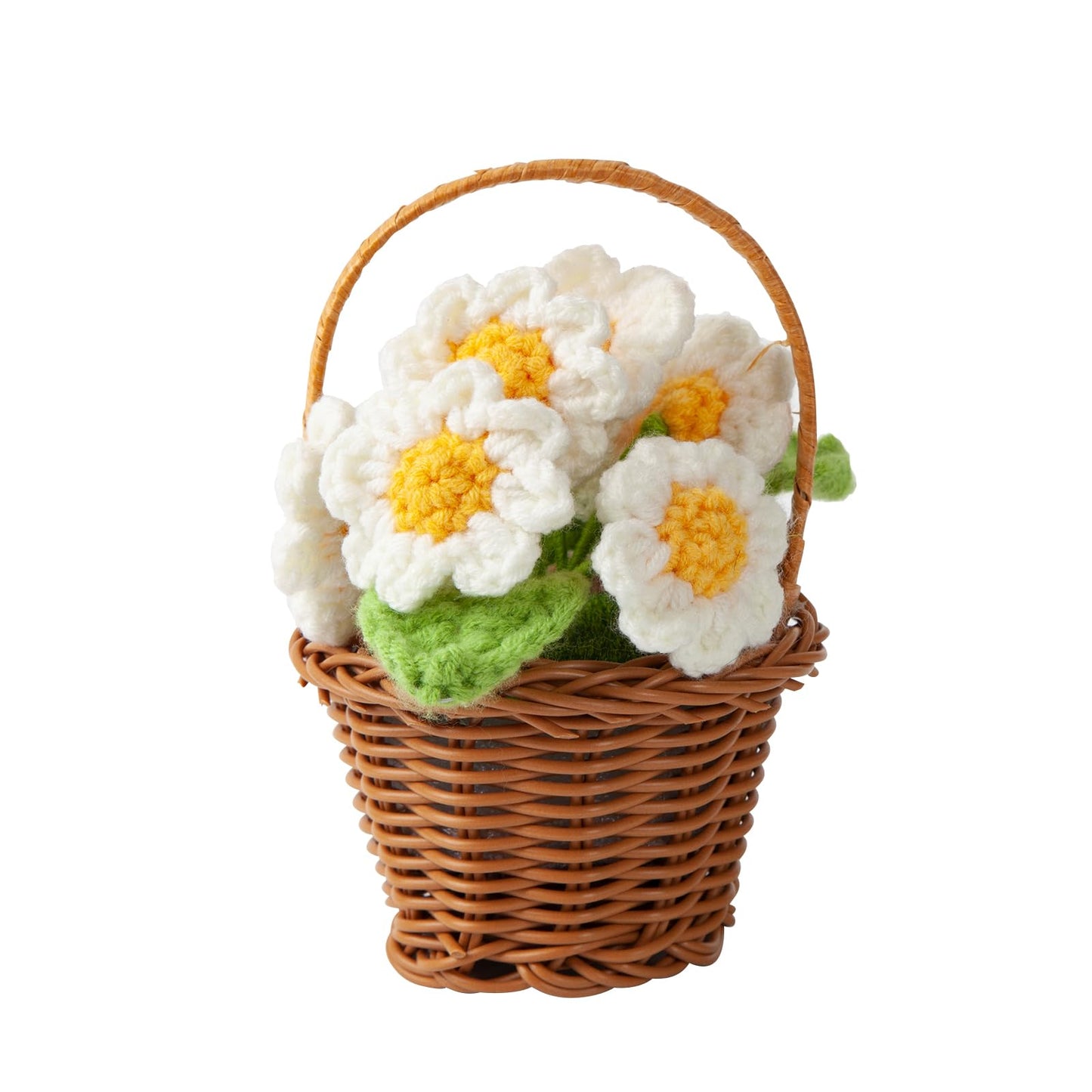 Hand Woven Potted Plant Yarn, Crochet Sunflower Bouquet, Handmade Gift, Home Decoration, Knitted Simulation Flower(Style2(White Flower Basket))