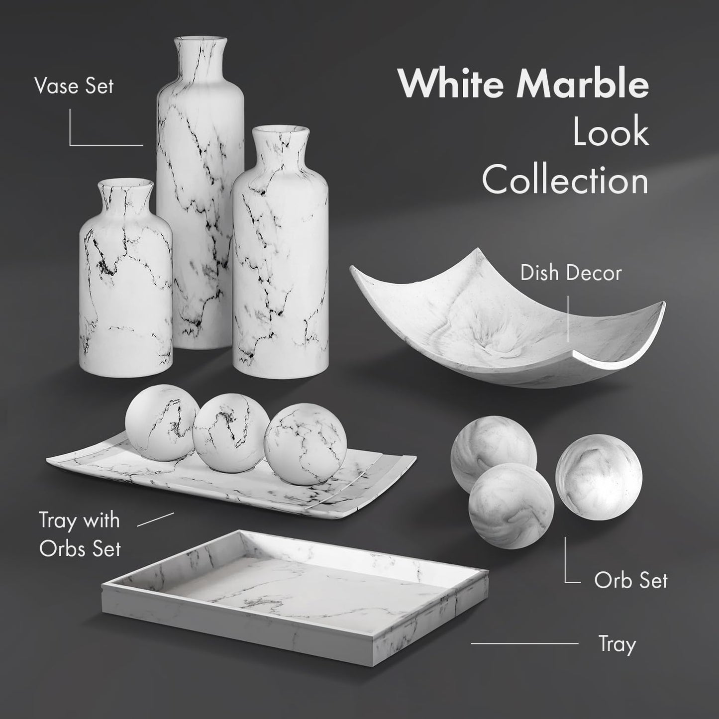 Creative Scents White Marble Look Decorative Bowl with matching Set of 3 Balls (2.75”) for Coffee Table Centerpiece, Dining Table, Living Room