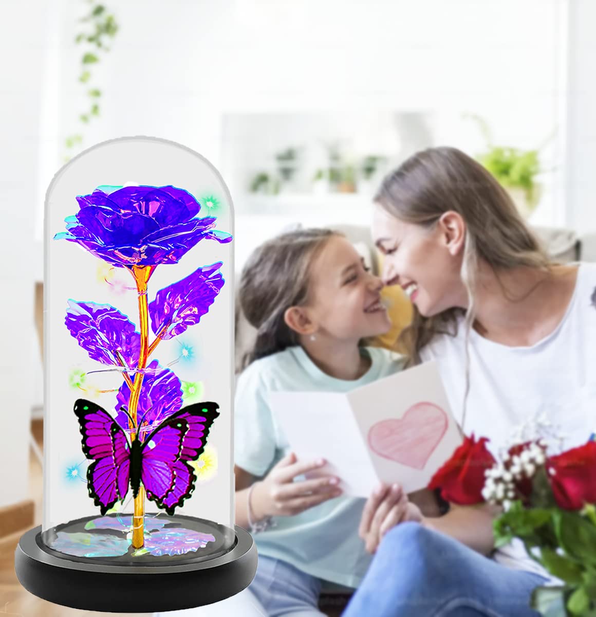Mothers Day Rose Flower Gifts for Mom, Birthday Gifts for Women, Galaxy Crystal Light Up Rose Flowers in A Glass Dome, Mother Day Presents Wife Grandma Sister Her Mom from Daughter Butterfly Purple