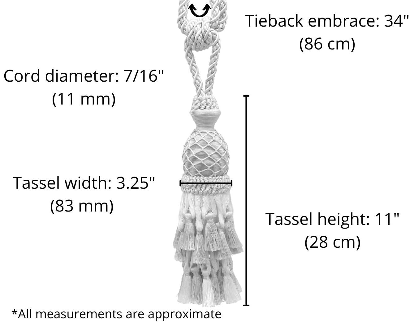 DÉCOPRO Lavish Large Curtain & Drapery Hand Crafted Tassel Tiebacks Tassel Length 11" (27.5cm) 34" Spread (Style# TBIL1) White Sands #4001 (White Ivory Cream Ivory Light Beige) Individually Sold