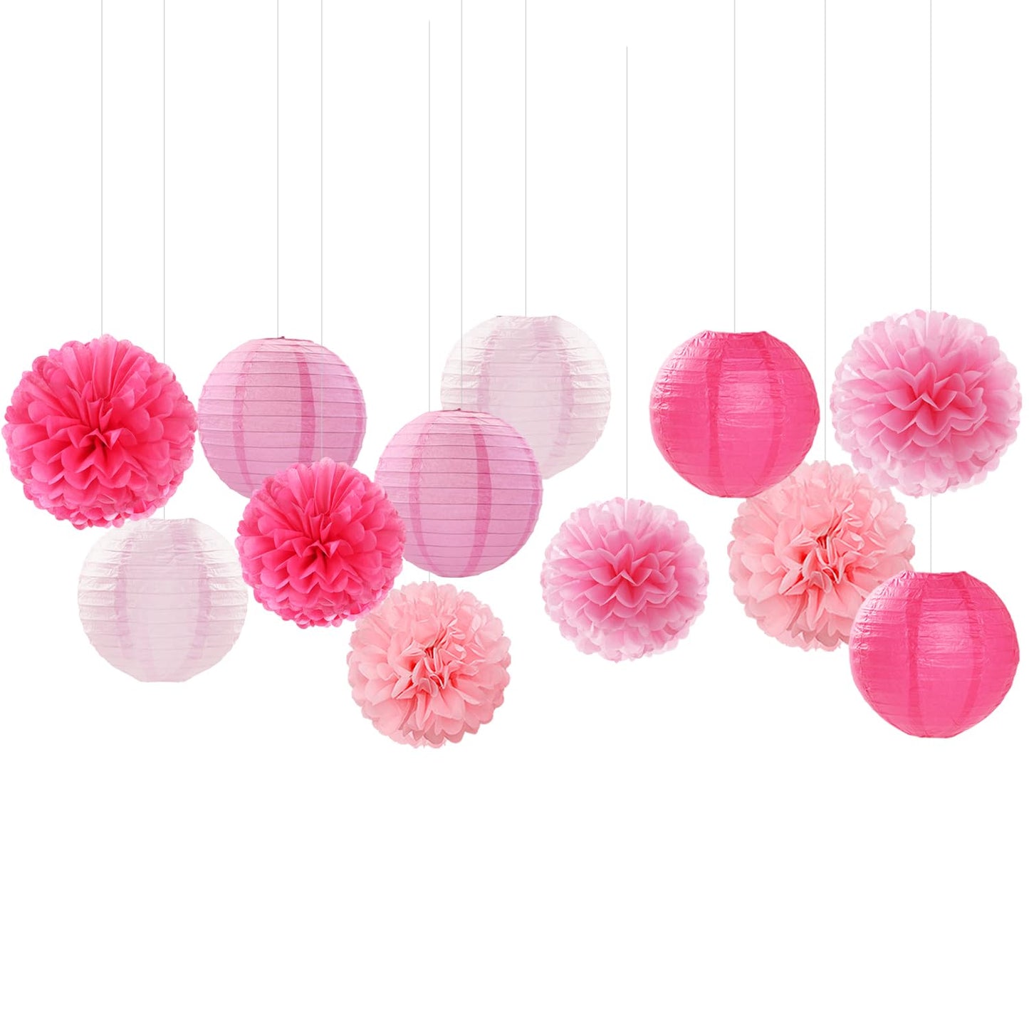 Light-Hot Pink Party-Decorations Paper-Flowers Lanterns - 15pcs Graduation Girl Birthday Decor Tissue Pom Poms Streamers, Bridal Baby Shower Wedding Bachelorette Valentine Hanging Supplies Hugfond