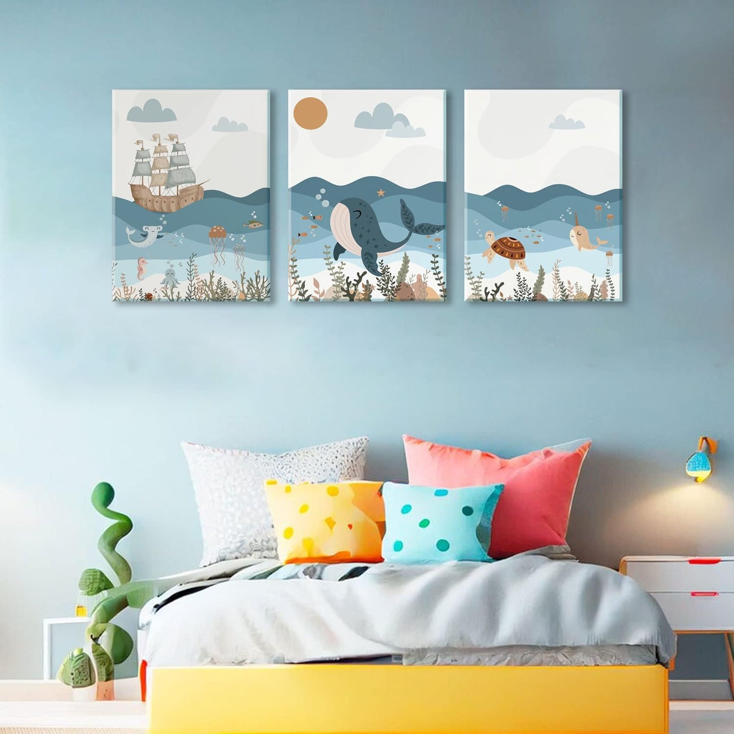 LYPHNX Framed Blue Ocean Nautical Nursery Canvas Wall Art Sea Turtle Whale Animal Painting Picture Set of 3 Kids Prints Poster Wall Decor for Baby Boys Girl Children's Room Bedroom Bathroom 12"x16"