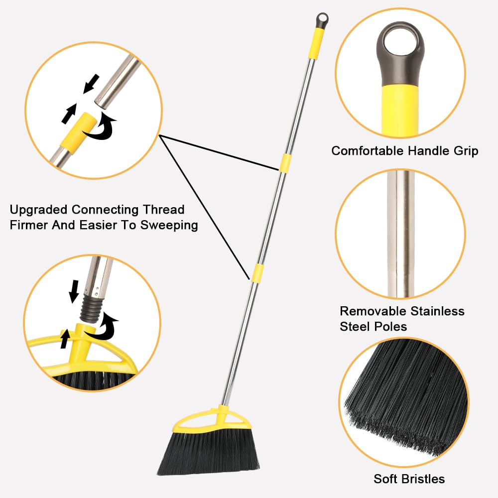 Gloffer Soft Bristles Broom for Indoor Sweeping, Household Cleaning Angle Broom with 55inch Long Handle for Home Office Hardwood Tile Floors Kitchen