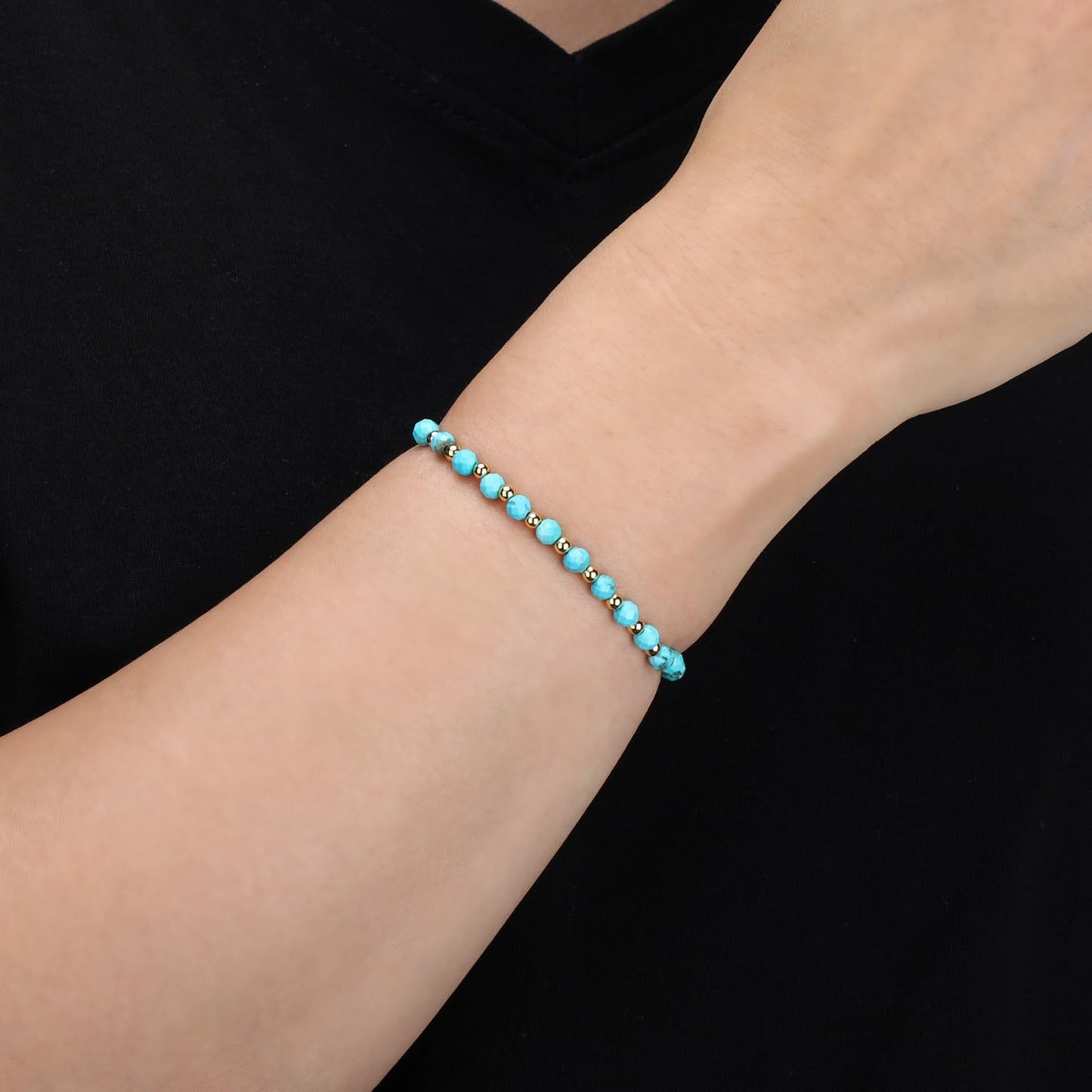 QOGIR Blue Turquoise - Stone of Wisdom - 14K Gold Plated Beads Natural Gemstone Stretch Elastic Dainty Healing Beaded Bracelets Gifts 4mm