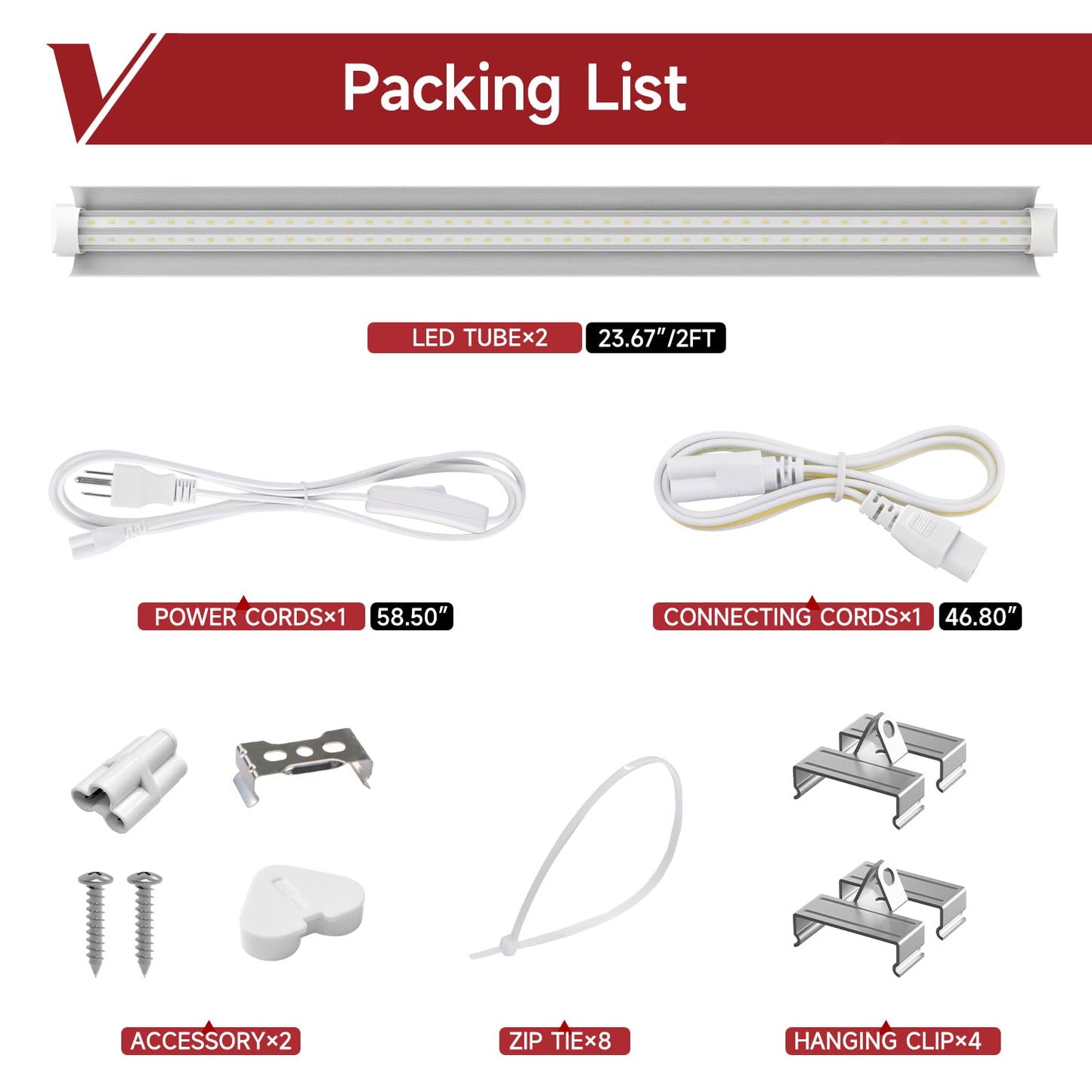 VShape 2 Pack LED Grow Light 2FT, 5000K Full Spectrum, 48W(2 x 24W), Linkable Growing Lamp Fixture, T8 Grow Lights for Indoor Plants, Seed Starting, Vegetables