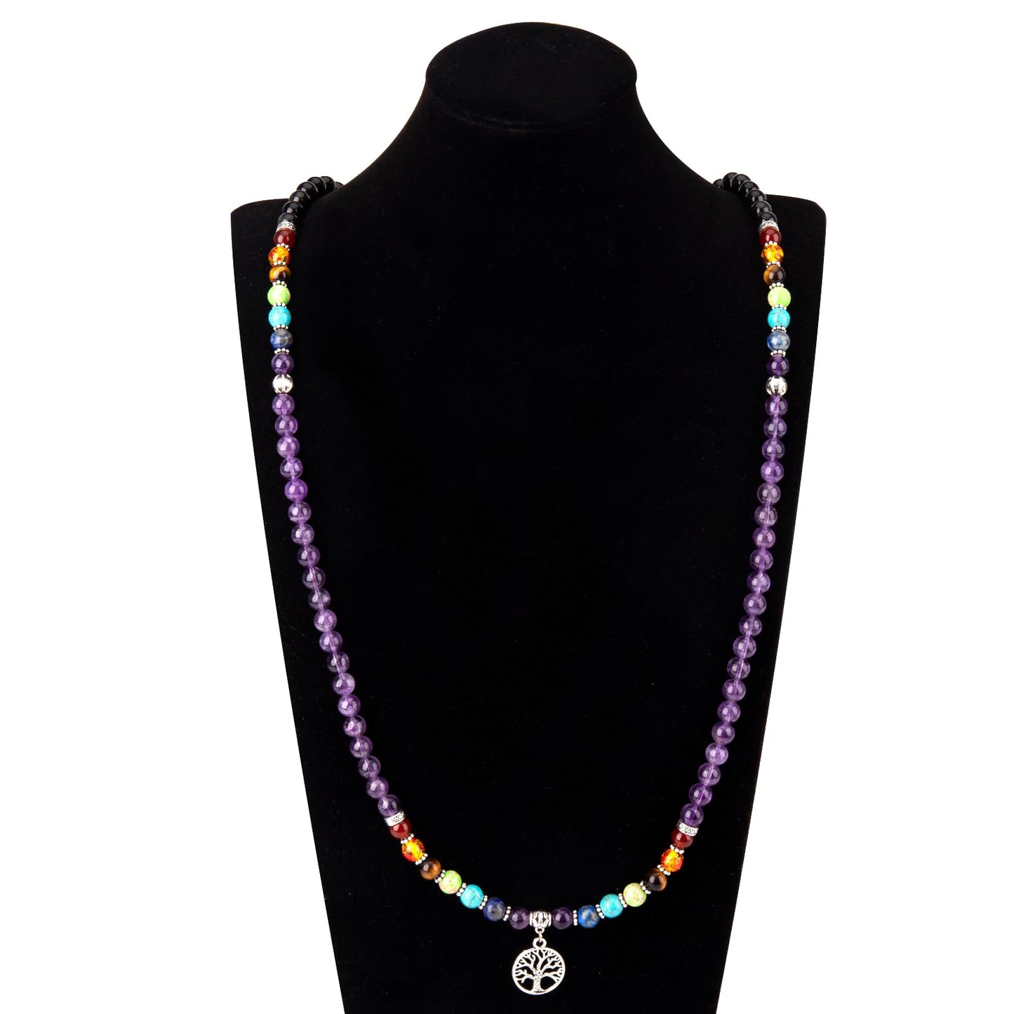 PWMENLK 108 Mala Beads Meditation Necklace 7 Chakra Buddhist Prayer Beaded Bracelet Tree of Life Pendant Necklace Healing Stone Yoga Necklace Women Men Bracelets(Amethyst&Obsidian)