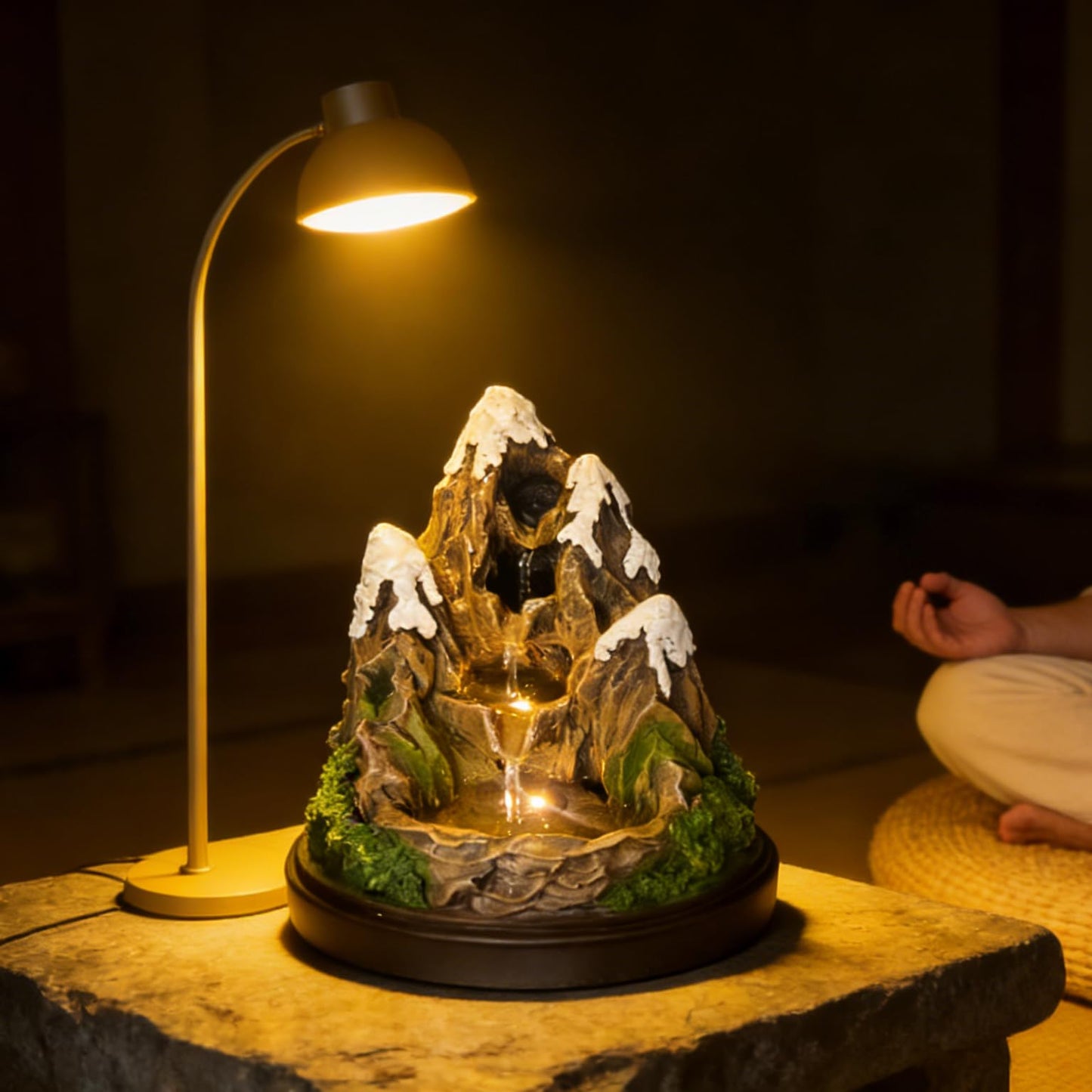 AOZITA Snow Mountain Tabletop Water Fountain 4-Tier Cascading Indoor Waterfall with Warm LED Lights, Realistic Rock Texturing & Moss Accents, Miniature Zen Landscape for Desk Home Office Decor