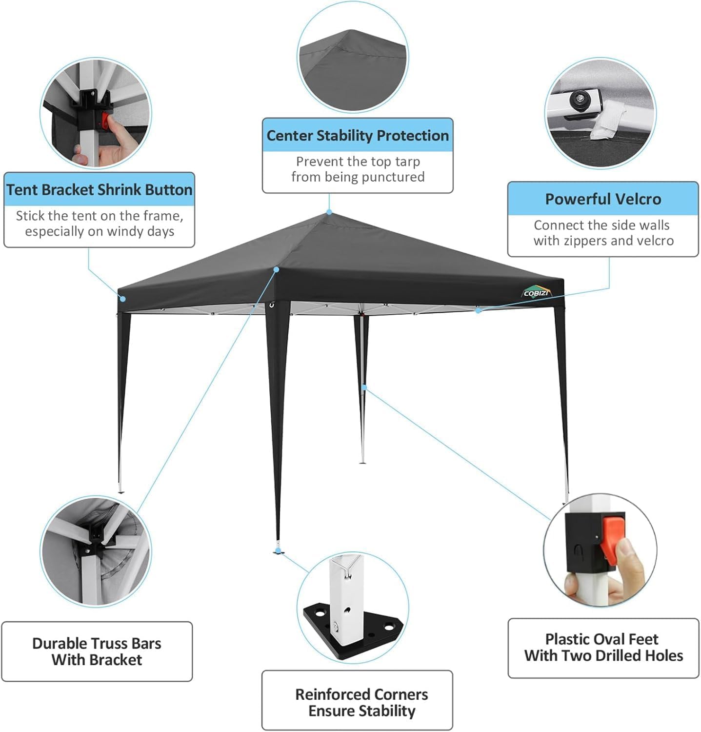 COBIZI 10x10 Pop Up Canopy Tent with 4 Sidewalls Party Tents Waterproof UPF 50+ Commercial Instant Outdoor Events Tent for Parties Markets Backyard, Ropes(10 x 10 ft Black