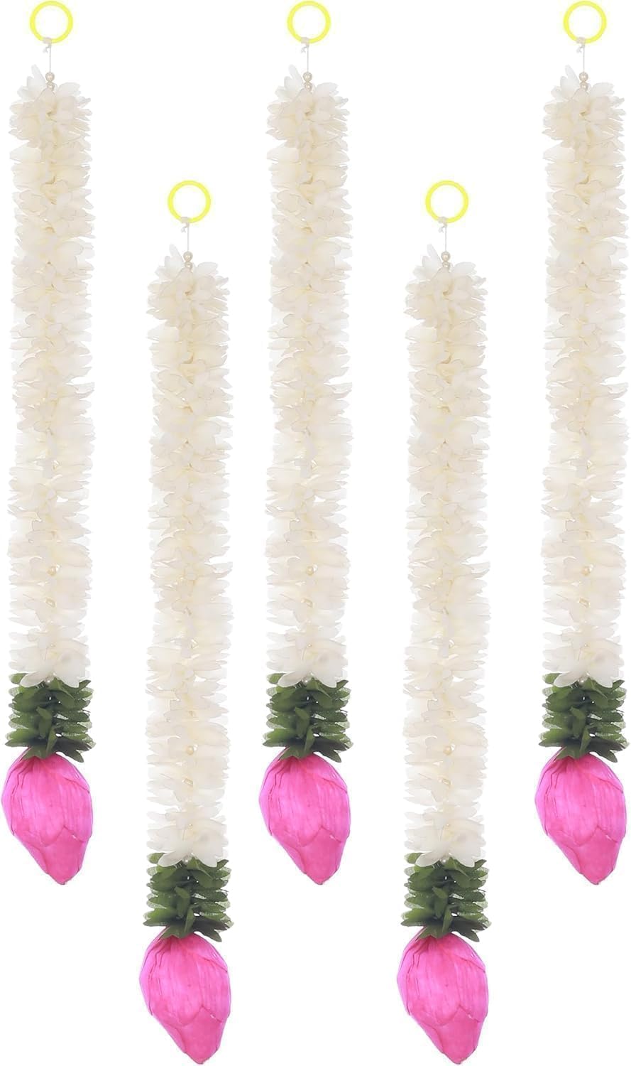 Set of 5 Artificial Jasmine Garland Toran with Lotus Buds, 13 Inch Strings Jasmine Garland Toran with Lotus Buds for Pooja Decoration Wall Hanging for Ganesh Chaturthi, Diwali & Festive Decor