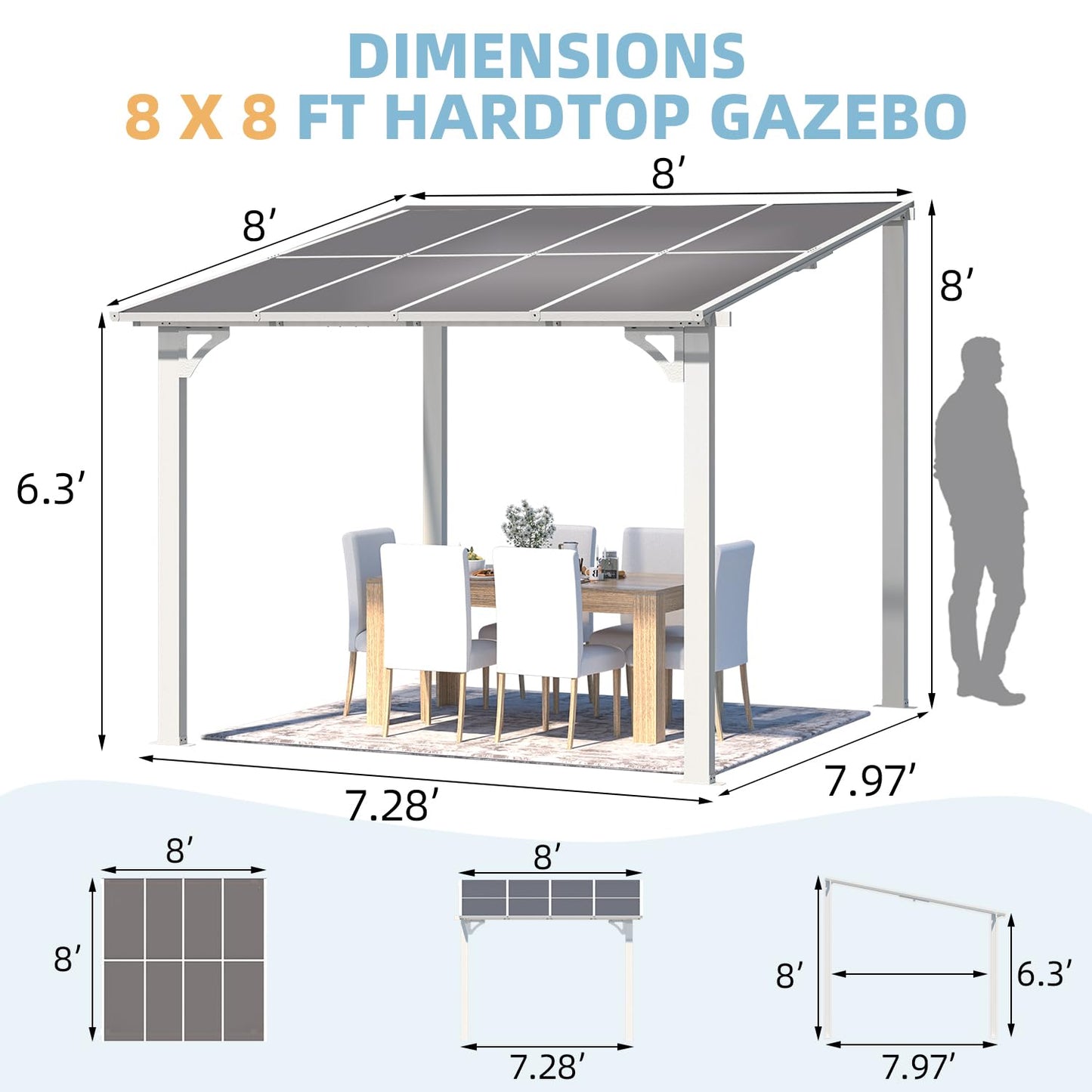 AECOJOY 8' x 8' White Gazebo Outdoor Pergola for Patio, Small Wall-Mounted Hard Top Lean to Metal Gazebo Shelter Pergolas and Gazebos Clearance with Patio Roof, Heavy Duty Awnings for Backyard