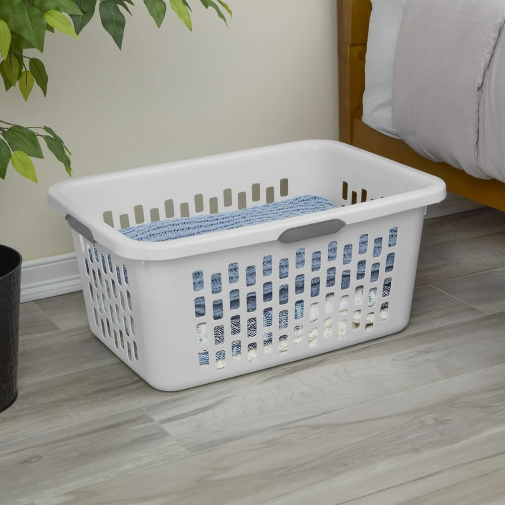 SIT MART 2 Bushel Large Plastic Laundry Basket with 4 Comfort Grip Handles, White - Durable, Lightweight, Spacious Laundry Storage for Home, Dorm, and Apartments