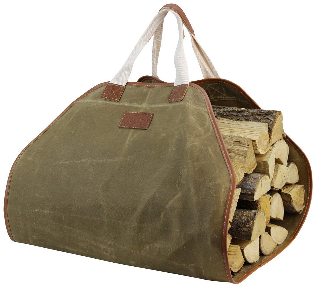 INNO STAGE Canvas Log Carrier Bag,Durable Wood Tote,Fireplace Stove Accessories,Extra Large Firewood Holder with Handles for Camping (44" L x 21" W-Khaki)