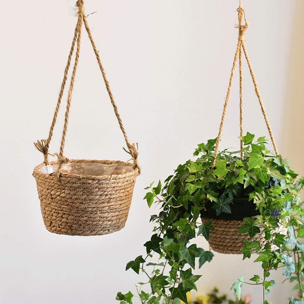 Flueyer 2 Pack Jute Rope Hanging Planter Basket, Rattan Woven Plant Hanger with Plastic Liner Macrame Plant Holder Storage Organizer for Plants Indoor Outdoor