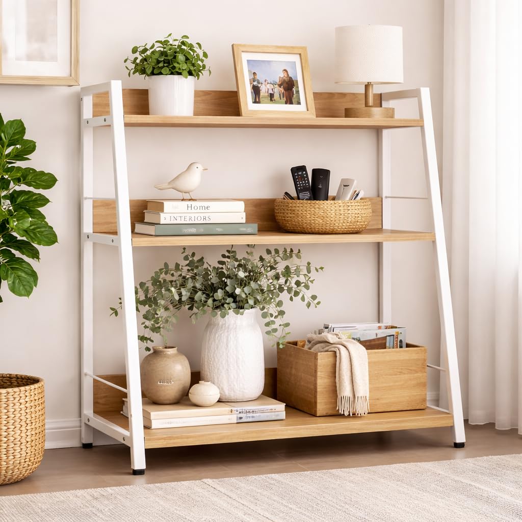 YCICI 3 Tier Bookshelf, Small Bookshelf for Small Spaces, Wood and Metal Bookcase, Open Shelf Organizer, Modern Storage Shelf for Living Room and Office (White, Ladder)