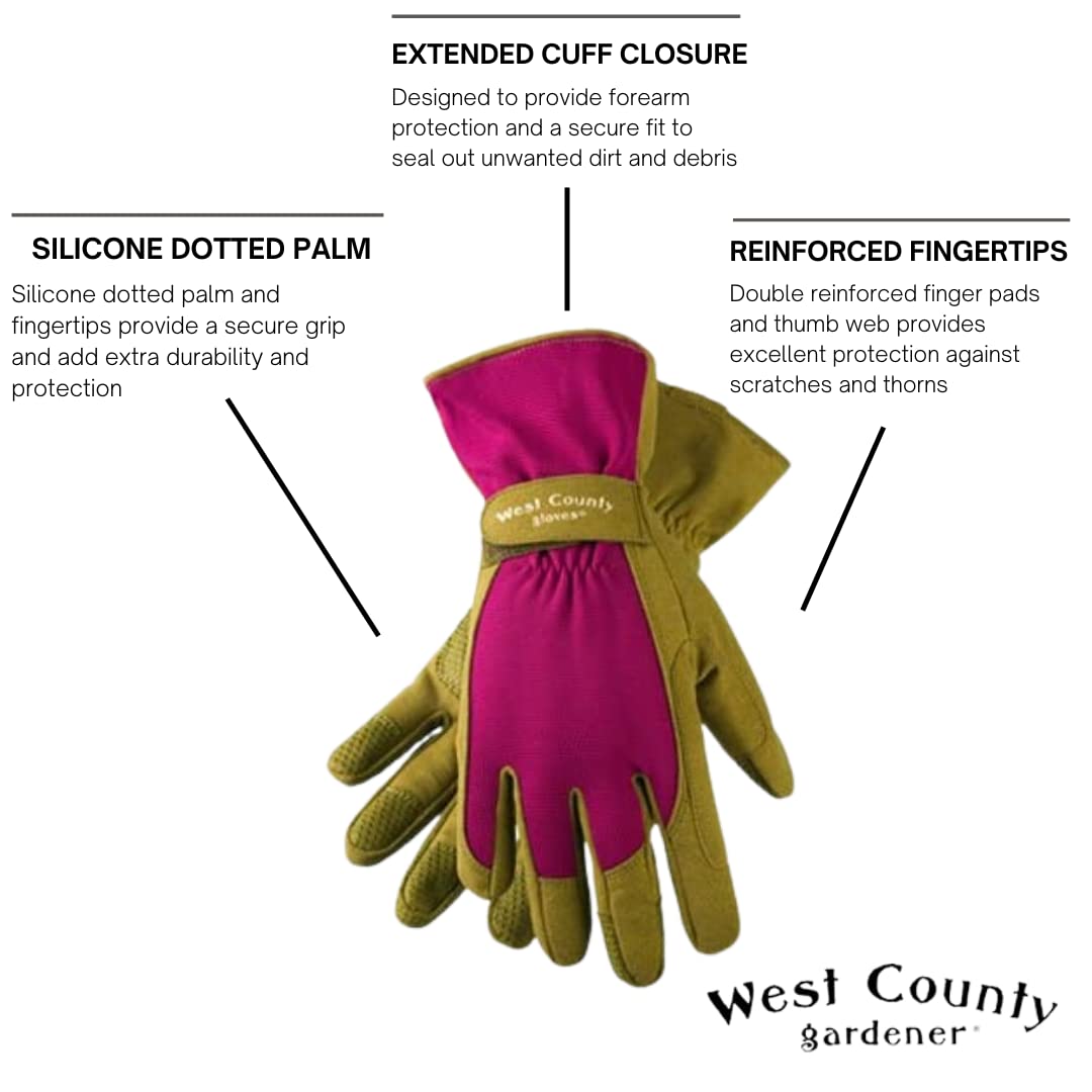 West County 074B/XS Classic Gloves – X-Small, Berry, Gardening Gloves w/Extended Cuff, Dotted Palm and Finger Tips