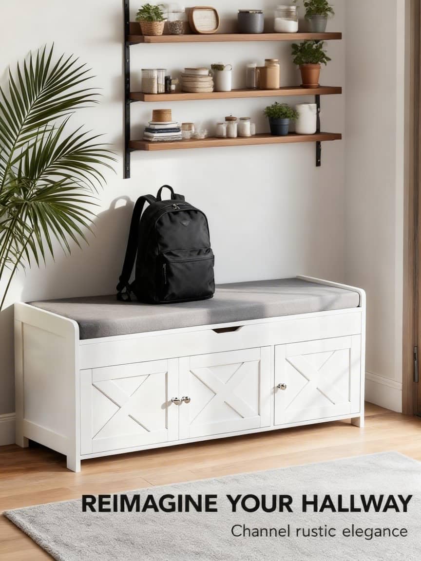 Amada Farmhouse Shoe Storage Bench with Cushion, 3 Doors & Lift-Top Storage, Adjustable Shelves, 300 lbs Capacity Entryway Bench for Bedroom, Living Room, Classic White