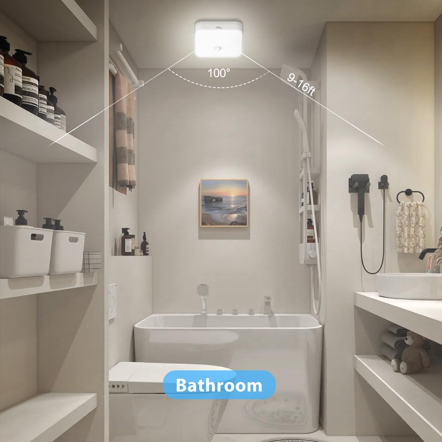 WhitePoplar Rechargeable Motion Sensor Closet Light, Rechargeable Battery Operated Ceiling Light Wireless, 500LM Wireless Motion Activated Light for Shower Stairs Hallway Pantry Porch Garage, 5000K