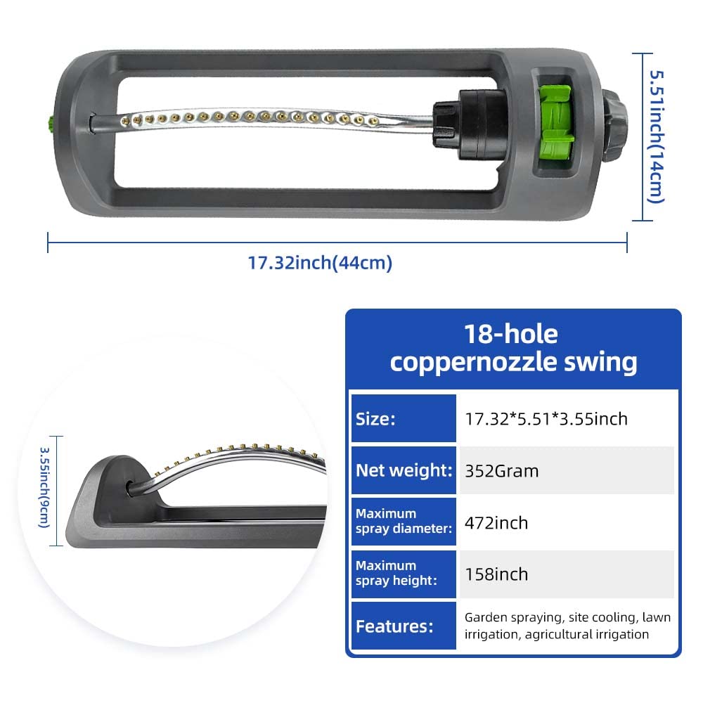 Lawn Sprinkler, HH Together Oscillating Sprinkler with 18 Hole Brass Nozzles, Watering for Lawn & Garden Covers up to 3,600 sq.ft, Easy Adjust Range Control