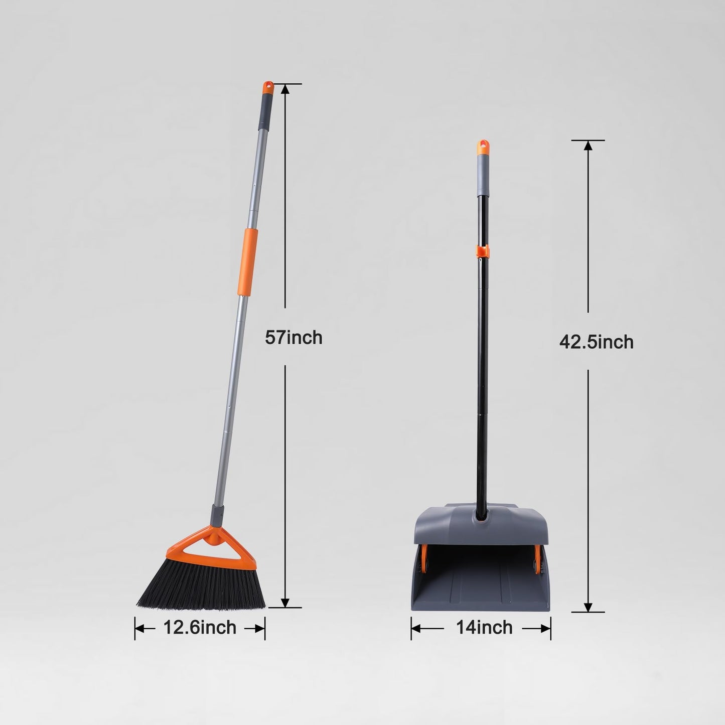 CLEANHOME Heavy Duty Broom with Dustpan Combo Set Indoor and Outdoor Dual Purpose,Stiff Bristle Commercial Angle Broom and Standing Dust Pans with Long Handle for Sweeping Home,Kitchen,Yard,Grey