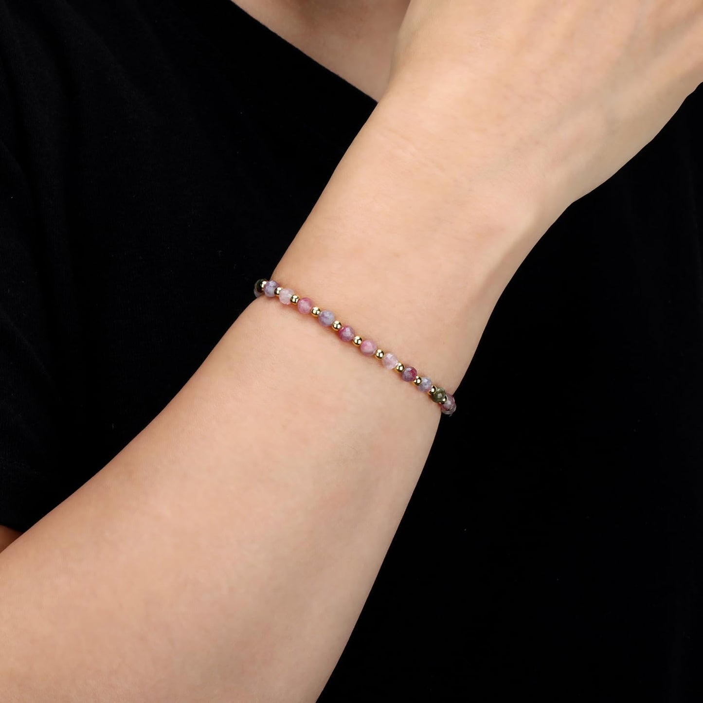 QOGIR Multicolor Tourmaline - Stone of Inner Balance - 14K Gold Plated Beads Natural Gemstone Stretch Elastic Dainty Healing Beaded Bracelets Gifts 4mm