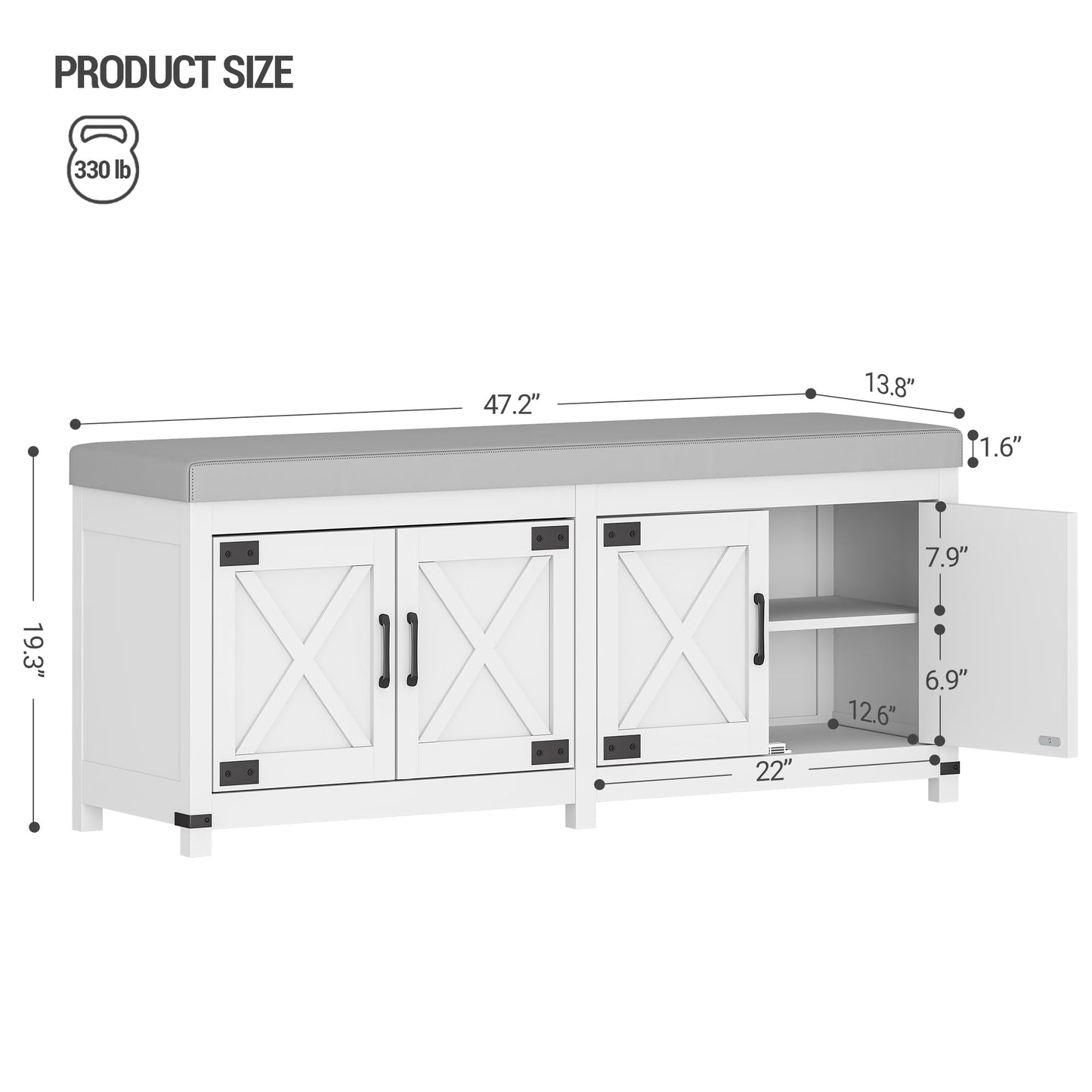 Hzuaneri Shoe Storage Bench, 2 Tier Shoe Bench with Padded Seat Cushion & 4 Barn Doors, Entryway Bench with Adjustable Shelf, Farmhouse Shoe Cabinet for Living Room, Bedroom, White SB31203GY