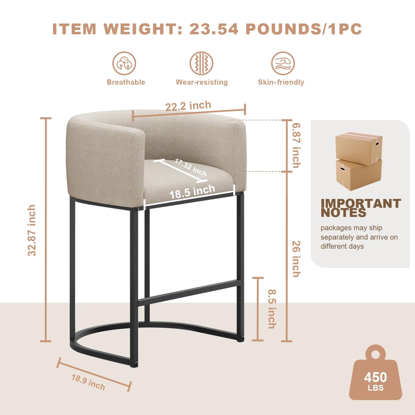 VATROS 26" H Counter Height Bar Stools Set of 2, Modern Barrel Counter Stools with Backrest and Arms, Linen Fabric Upholstered Accent Barstools for Kitchen Island,Support 450 LBS (Beige)